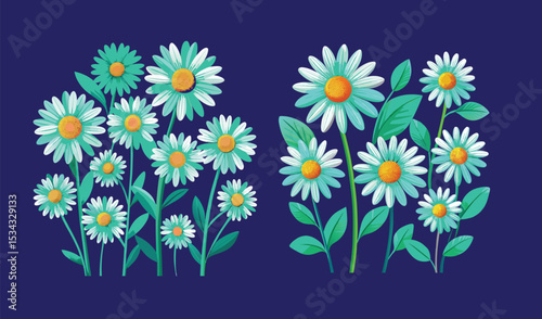 Photo of vibrant turquoise daisies bloom against a deep blue backdrop, a stylized floral illustration