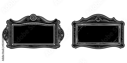 Empty aged wooden chalkboard sign, framed in distressed oak, standing on a sidewalk near a café