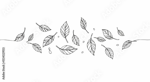 Ink drawing of leaves scattered by wind. This image represents the beauty of nature and the gentleness of the wind. 