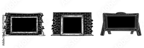 Empty chalkboard wooden frame sign leaning against a rustic brick wall with ivy