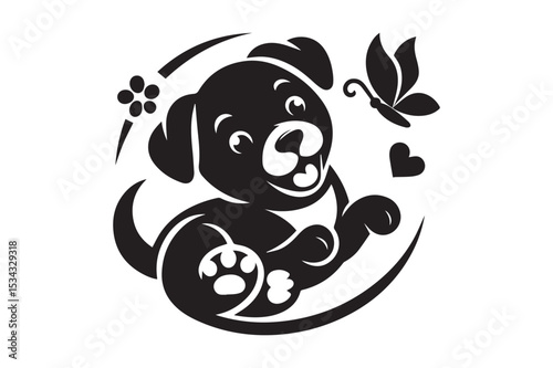 Dog Silhouette logo. Black and White Canine, Hound, Pooch, Puppy, Mutt, Tyke, Doggy.