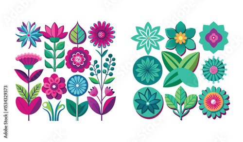 Photo of vibrant floral illustrations, a dazzling array of pink, teal, and magenta blossoms, isolated on white background