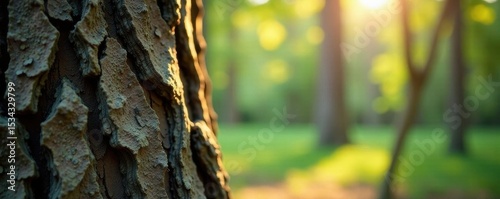 Twisted pine trunk, textured bark, sunlight highlights, surface, stock