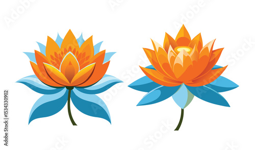 Photo of two vibrant orange and blue lotus flowers, isolated on white background