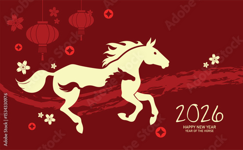 Chinese year of the horse 2026 banner with horse and foal. Lunar new year 2026 with zodiac horses silhouettes on red background with hanging lanterns. Mare and foal silhouettes.