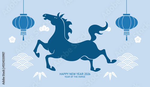 Minimalist chinese new year 2026 card banner. Lunar new year 2026 with stylized zodiac horses and hanging lanterns decorations.