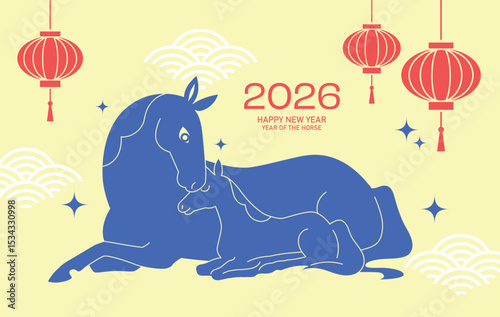Year of the horse 2026 card minimalist style with family. Lunar new year 2026 cute greeting card or banner with zodiac horses, mare and foal together.