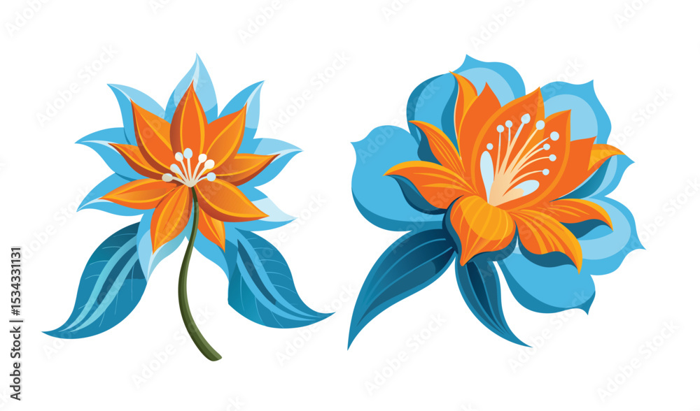 Fototapeta premium Photo of two stylized illustrations of vibrant orange flowers with teal blue accents, isolated on white background