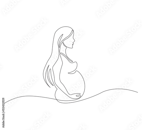 Continuous line drawing of pregnant woman. Single line illustration of expecting mother silhouette. Maternity and motherhood concept in continuous line art. Editable outline