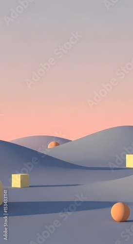 Surreal Landscape with Geometric Shapes and Pastel Sky