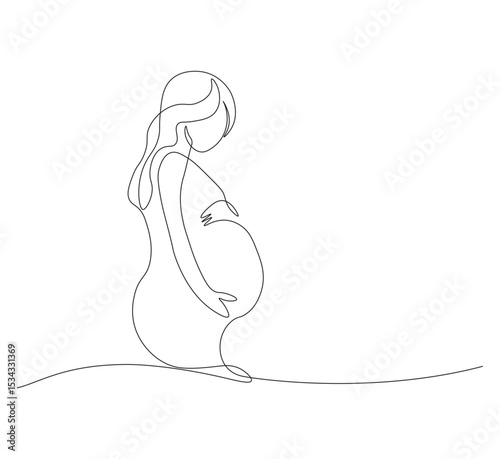 Continuous line drawing of pregnant woman. Single line illustration of expecting mother silhouette. Maternity and motherhood concept in continuous line art. Editable outline