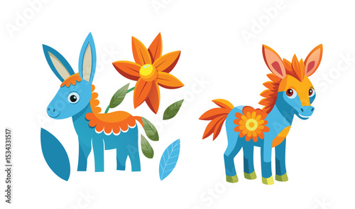 Photo of two cheerful blue donkeys, adorned with vibrant orange flowers, are playfully isolated on white background