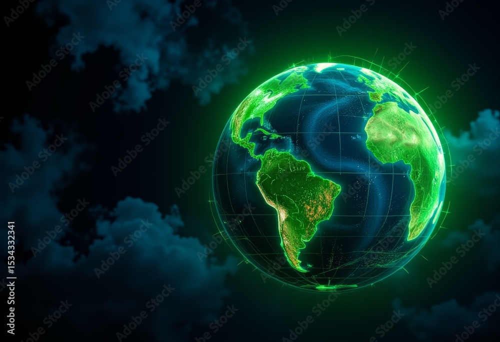 Obraz premium Glowing green 3D render of Earth with grid lines and light trails against a dark cloudy background