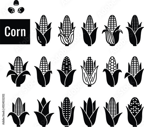 Minimalist Black and White Vector Corn Icons in Grid Layout