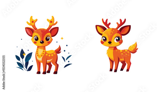 Photo of two adorable orange fawns, one near blue leaves, isolated on white background