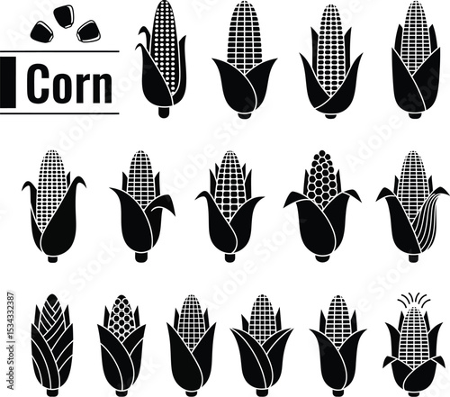 Minimalist Black and White Vector Corn Icons in Grid Layout