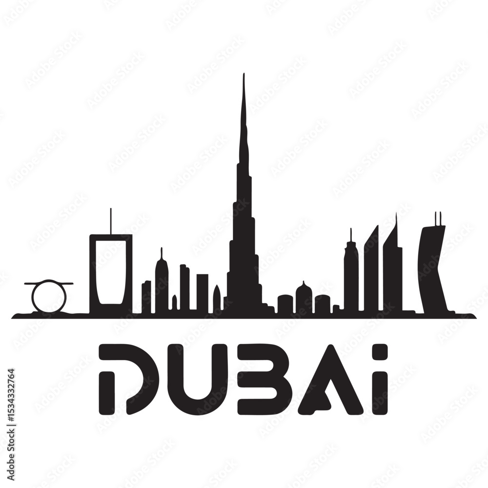 Naklejka premium Vector Dubai skyline. Travel Dubai famous landmarks. Business and tourism concept for presentation, banner, web site. Vector black silhouette. with white background