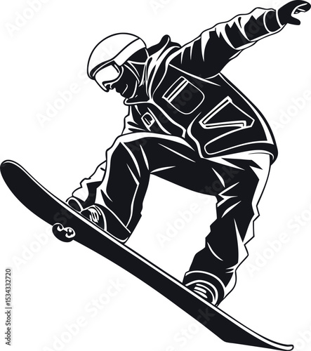 Silhouette of snowboarder in mid-air, extreme sports theme, American winter activity.