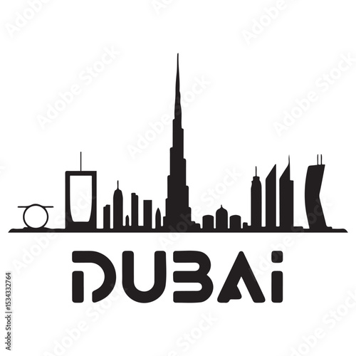 Vector Dubai skyline. Travel Dubai famous landmarks. Business and tourism concept for presentation, banner, web site. Vector black silhouette. with white background