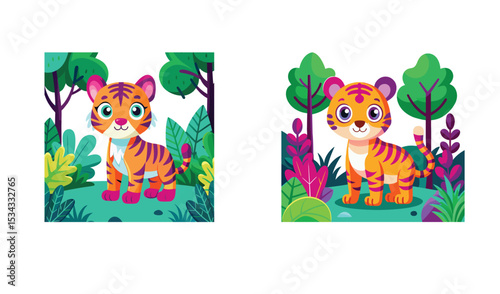 Photo of two playful tiger cubs, vibrant illustrations, stand amidst lush green foliage and colorful flowers in a whimsical jungle setting