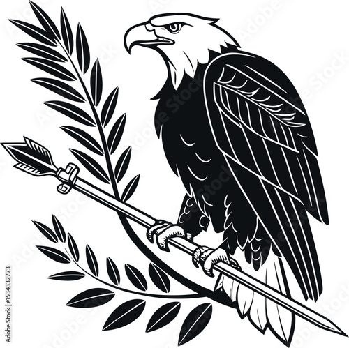 Silhouette of bald eagle clutching arrows and olive branch.