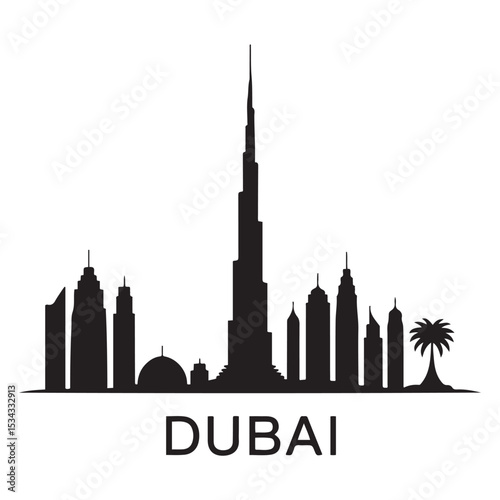 Vector Dubai skyline. Travel Dubai famous landmarks. Business and tourism concept for presentation, banner, web site. Vector black silhouette. with white background