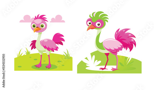 Photo of two playful pink and green ostriches stand in vibrant green pastures, isolated on white background