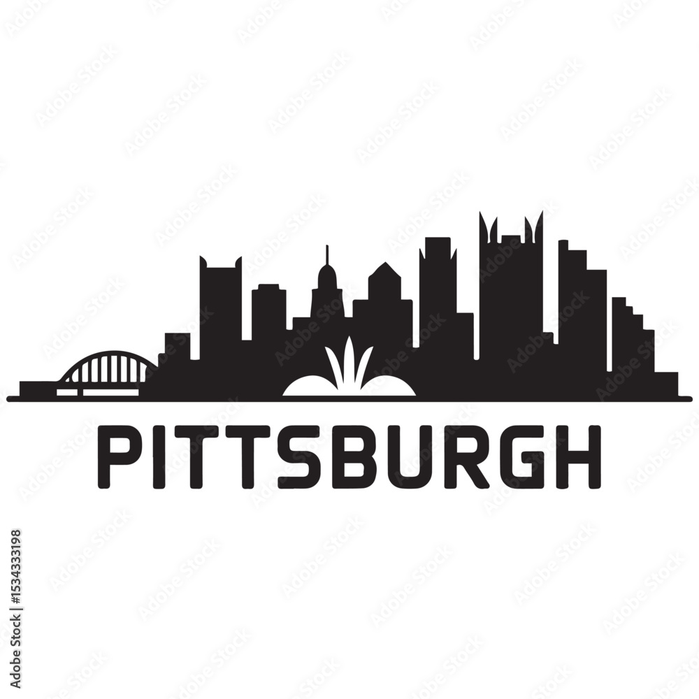 Naklejka premium Vector Pittsburgh skyline. Travel Pittsburgh famous landmarks. Business and tourism concept for presentation, banner, web site. Vector black silhouette. with white background