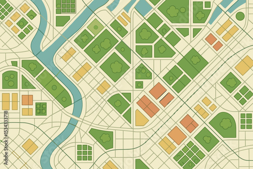 Stylized city map with green parks, buildings, and river layout