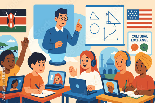 Global virtual classroom with diverse students and online teacher