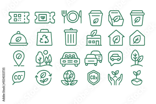 Green line icon set representing eco-friendly and sustainable living
