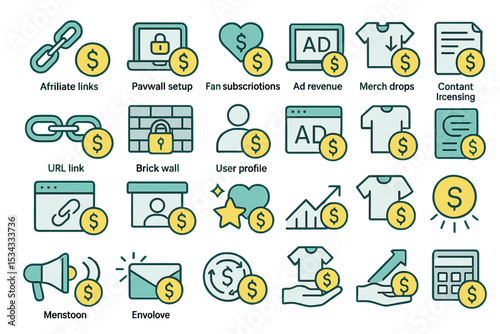 Monetization icon set for digital content and ecommerce platforms