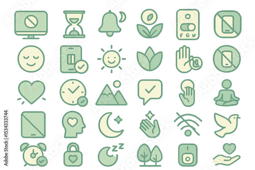Wellness and digital balance icon set on soft green background
