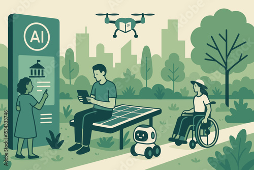 Futuristic smart park scene with AI, drone, robot, and accessibility