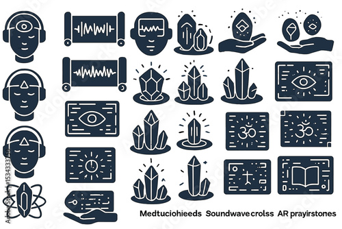 Mystical meditation icons with crystals, chakras, and AR spiritual themes