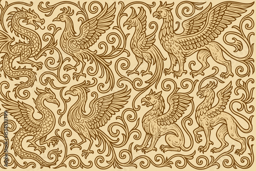 Seamless medieval pattern with dragons, phoenixes, and griffins