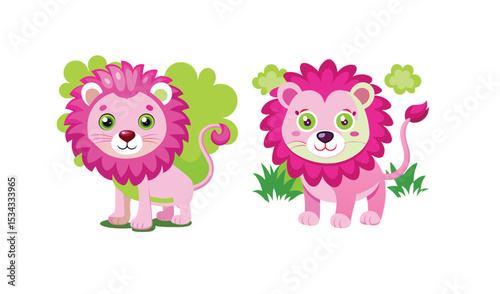 Photo of two pink lion cubs with flowerlike manes playfully pose, isolated on white background