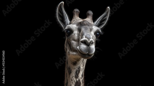 Close-up portrait of a reticulated giraffe's head and neck against a black background.