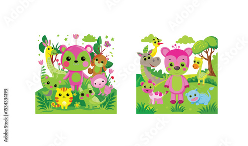 Photo of two playful illustrations of adorable pink and green creatures surrounded by a cheerful menagerie of cartoon animals in lush green meadows