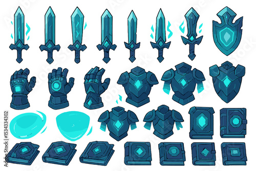Fantasy game magic weapons, armor, shields, and enchanted books
