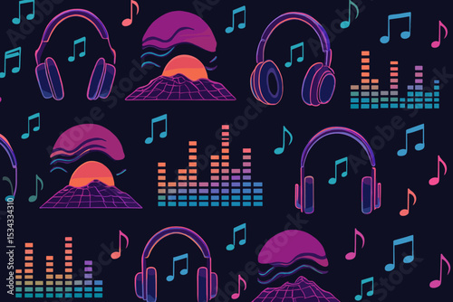 Neon vaporwave music pattern with headphones, notes and equalizers