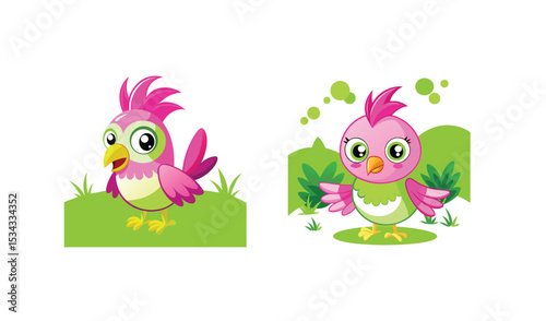 Photo of two playful pink and green birds cheerfully pose in a vibrant green grassy landscape, isolated on white background