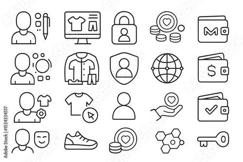 Minimalist ecommerce and user interface icon set on dark background