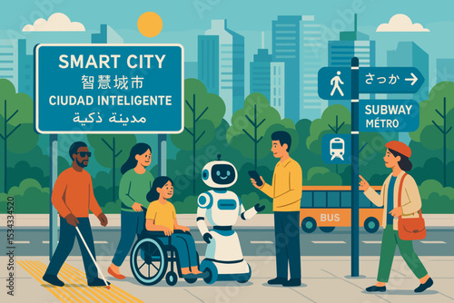 Inclusive smart city with multilingual signs, AI robot, and public transit