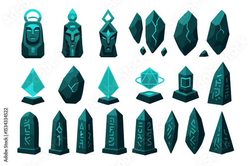 Glowing fantasy relic icons with runes, crystals, and statues