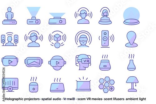 Futuristic icon set of VR tech, holograms, scent diffusers, and lighting
