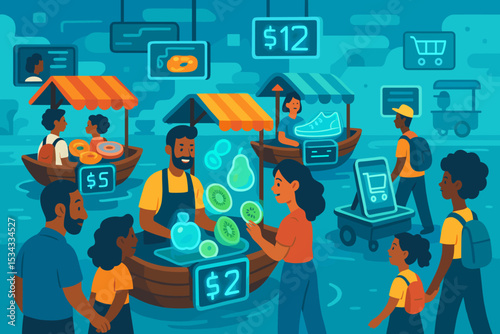 Futuristic floating market with digital prices and augmented reality shopping