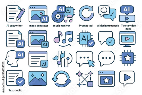 Modern AI tool icon set for content creation, design, and media