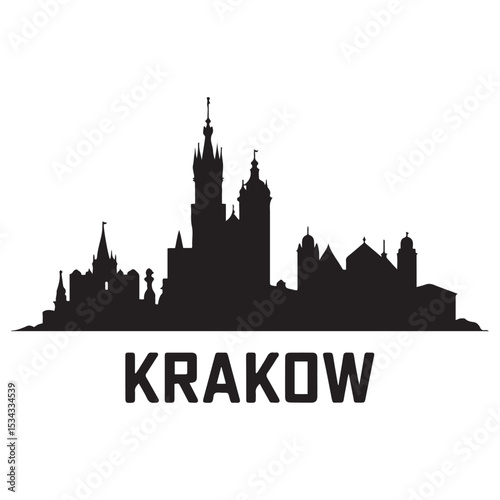 Krakow skyline silhouette. Black Krakow city. Vector black silhouette. with white background