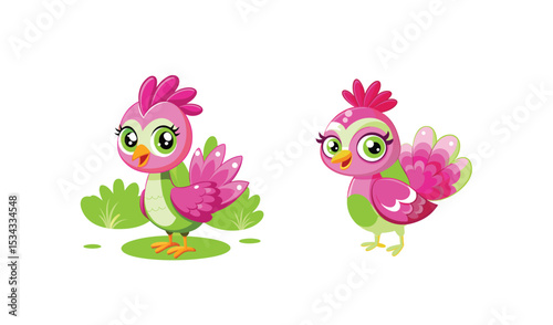 Photo of two playful pink birds with green accents, isolated on white background